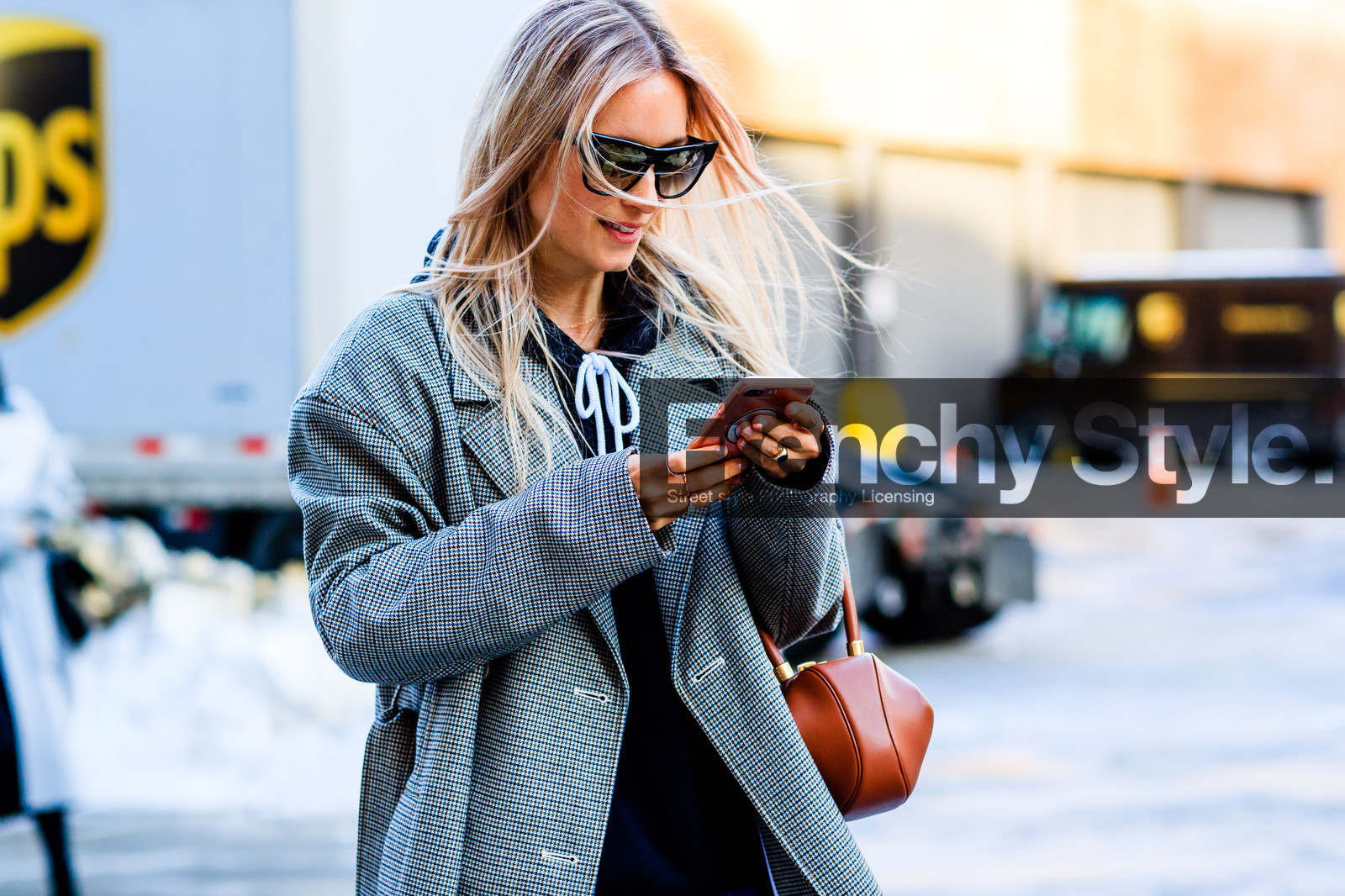 atmosphere details, AUTUMN WINTER 2017-2018, AW 17-18, blue denim, brown bag, Charlotte Groeneveld, checked coat, denim pants, detail, FALL WINTER 2017-2018, fashion week, frenchystyle, FW, FW 17-18, grey coat, horizontal, jeans, jonathan paciullo, leather bag, NEW YORK, NYFW, plaid, street style, sunglasses, trousers