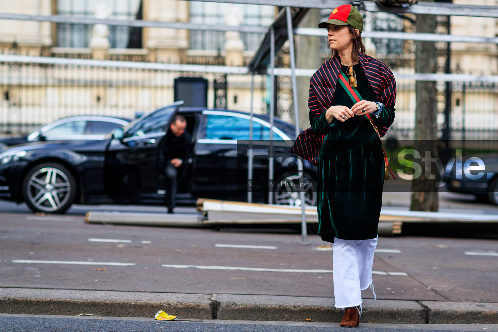 atmosphere details, AUTUMN WINTER 2017-2018, AW 17-18, brown boots, denim pants, FALL WINTER 2017-2018, fashion week, frenchystyle, full length, FW, FW 17-18, graphic jacket, green cap, green dress, horizontal, jeans, jonathan paciullo, leather bag, PARIS, PFW, printed jacket, street style, striped scarf, suede shoes, trousers, velvet, white denim
