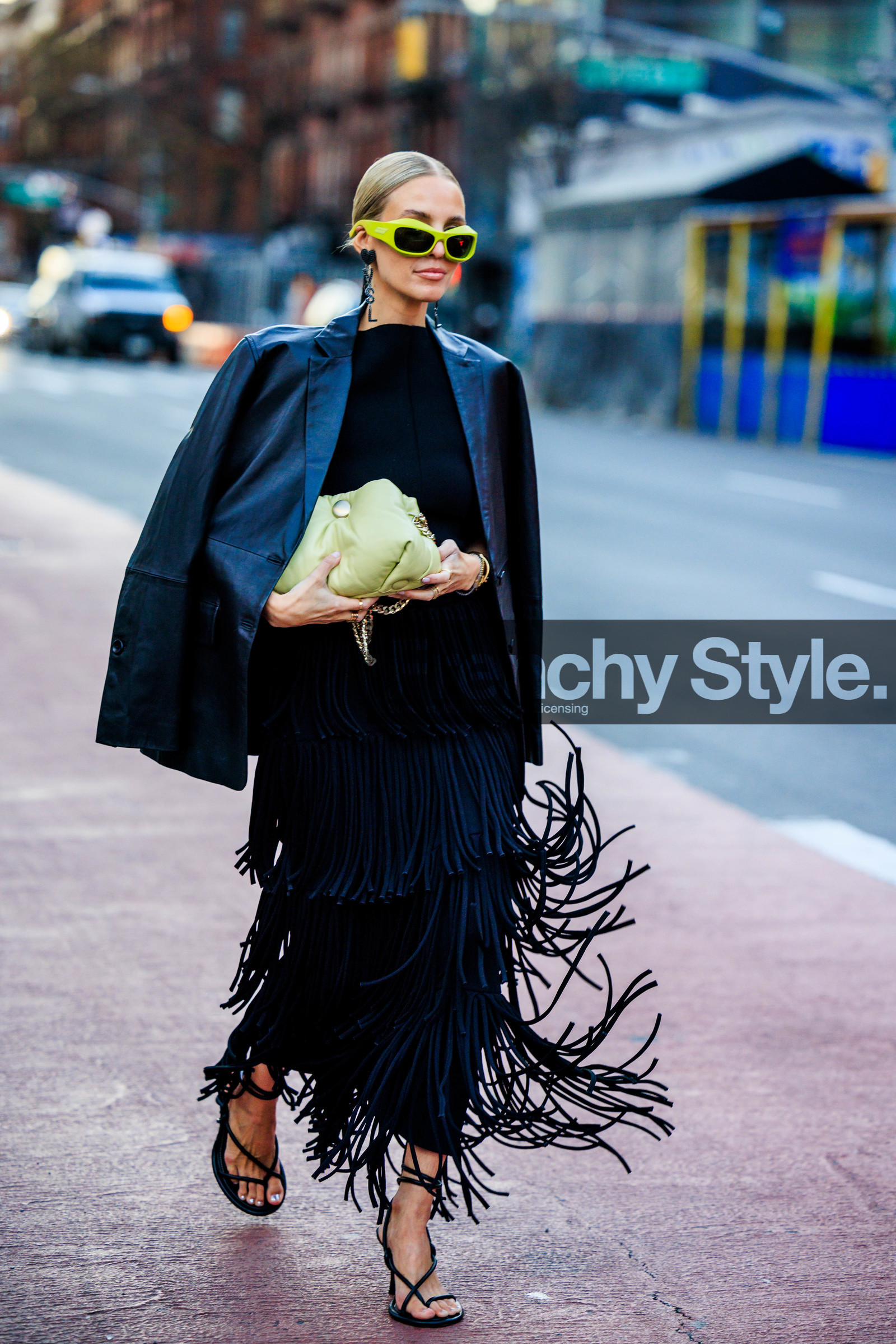 long black ruffles dress, puffy pistachio bag, puffy green pouch, black heeled sandals, green sunglasses, full black look, black leather jacket, leonie hanne, fashion week, frenchystyle, FW, jonathan paciullo, street style, NYFW, NEW YORK, AUTUMN WINTER 2022-2023, FALL WINTER 2022_2023, FW 22-23, vertical, full length