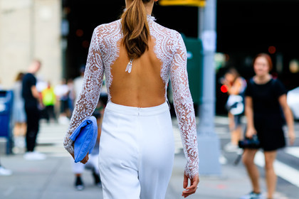 atmosphere details, back detail, blue bag, detail, fashion week, frenchystyle, FW, high waist, horizontal, jonathan paciullo, lace top, mirror effect, NEW YORK, NYFW, open back, open work, ponytail, see through, SPRING SUMMER 2017, SS 17, street style, sunglasses, trousers, white pants, white top, wide pants, woman