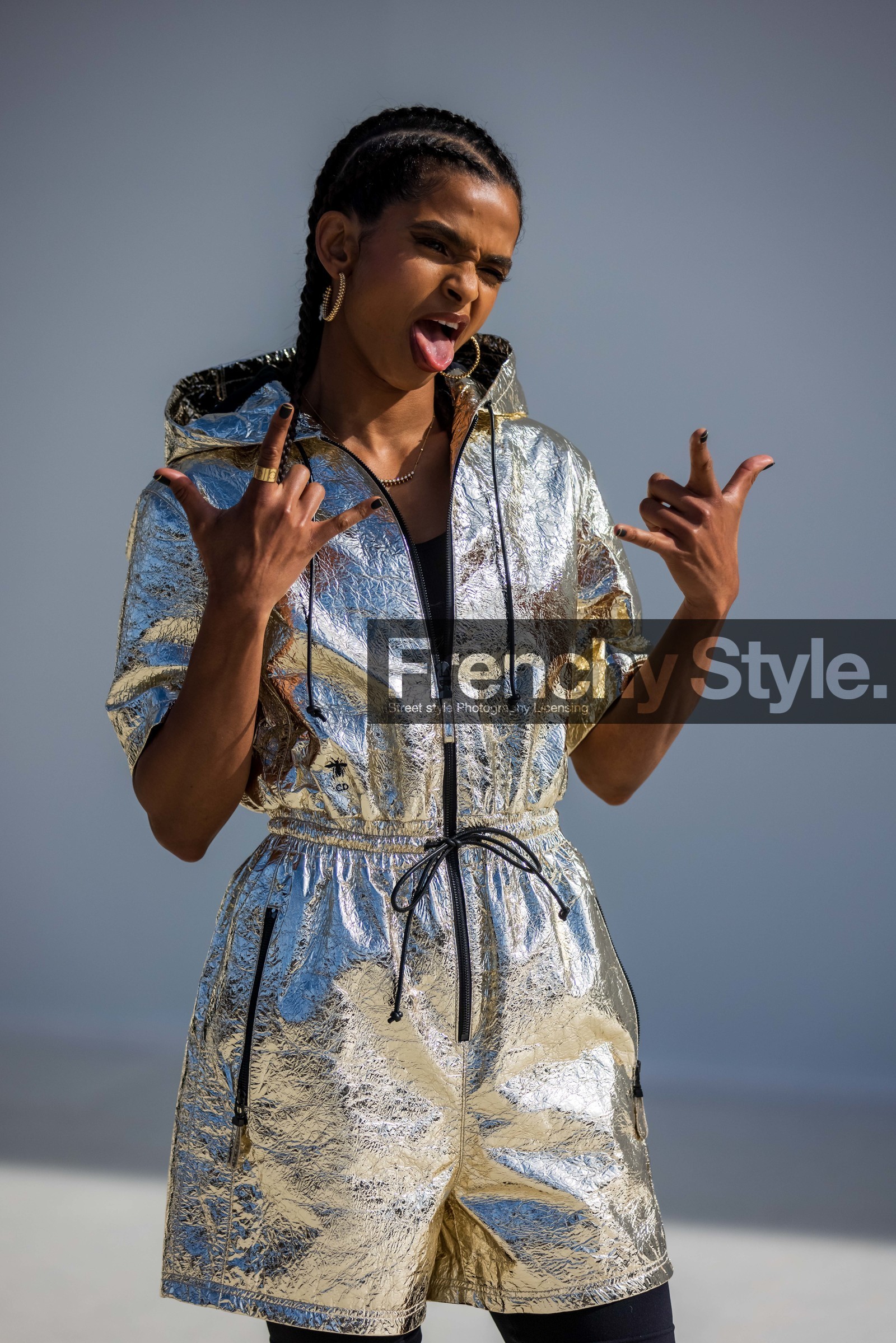 biker short, earrings, gold earrings, hoops, jumpsuit, lace up boots, short jumpsuit, silver jumpsuit, zipped jumpsuit, street style, jonathan paciullo, FW, frenchystyle, fashion week, PFW, PARIS, SPRING SUMMER 2022, SS 22, vertical, atmosphere details