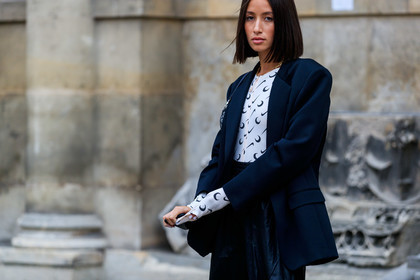 alexandra guerain, black jacket, black pants, marine serre top, white top, monogrammed top, tight top, jogging pants, fashion week, frenchystyle, FW, jonathan paciullo, street style, PFW, PARIS, SPRING SUMMER 2020, SS 20, horizontal, atmosphere details, detail