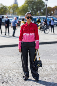 animal print, bag, black loafers, black pants, chain bag, denim jacket, dior bag, dior look, flare pants, greu bag, jacket, leather pants, leopard bag, loafers, oversize sunglasses, pants, pink jacket, Pornwika Spiecker, printed bag, red jacket, sunglasses, tie and dye, street style, jonathan paciullo, FW, frenchystyle, fashion week, PFW, PARIS, SPRING SUMMER 2022, SS 22, vertical, full length