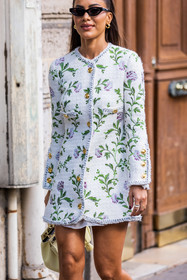 bag, Camila Coelho, cateye sunglasses, cream bag, dress, floral print, flower, leather bag, sunglasses, white dress, yellow bag, fashion week, frenchystyle, FW, jonathan paciullo, street style, PFW, PARIS, SPRING SUMMER 2022, SS 22, vertical, atmosphere details