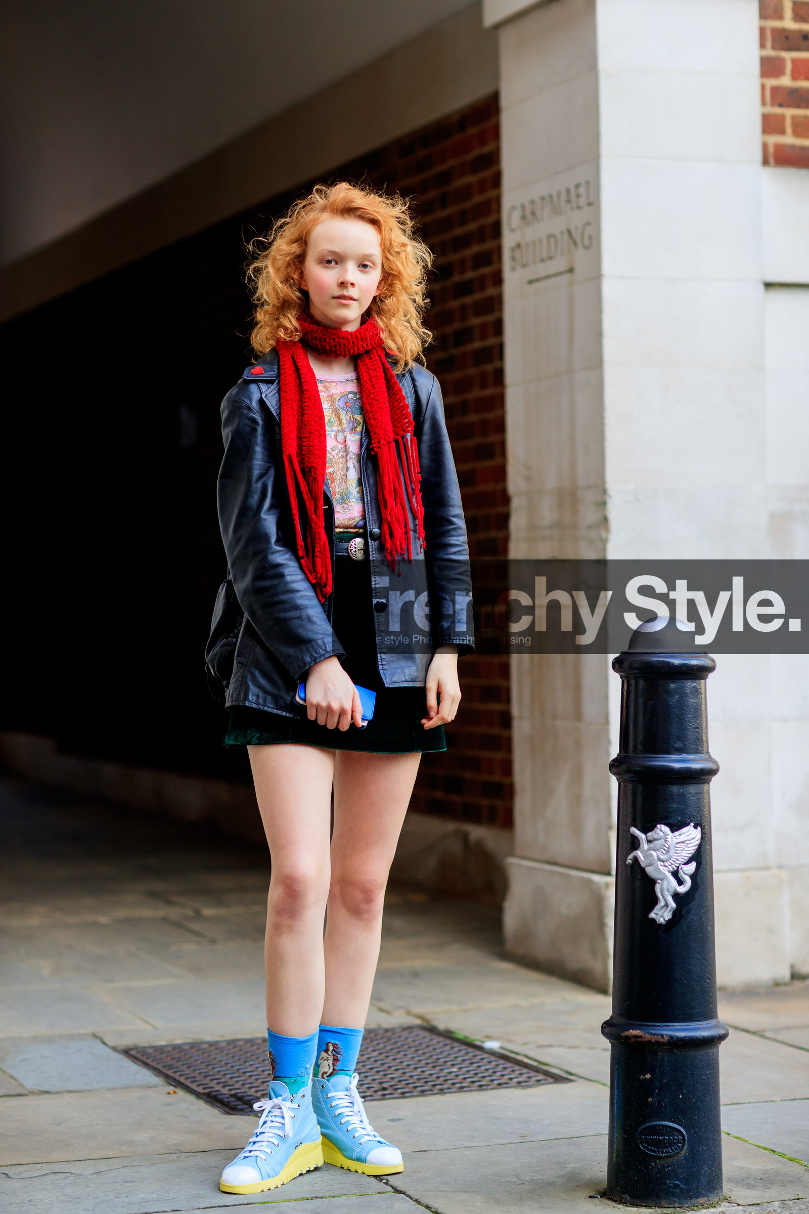 black jacket, black skirt, blazer, blue sneakers, blue socks, fashion week, frenchystyle, full length, FW, jonathan paciullo, leather jacket, leather shoes, LFW, LONDON, model, red scarf, SPRING SUMMER 2018, SS 18, street style, vertical