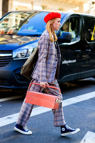 red beret, suits, checked jacket, checked suits, tools box bag, pink bag, metalic bag, converse shoes, black shoes, black sneackers, fashion week, frenchystyle, FW, jonathan paciullo, street style, vertical, full length