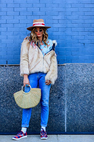 beige hat, blue denim, blue shirt, denim pants, fringes, fur jacket, graphic shoes, gucci, jeans, leather shoes, natural fur, printed shirt, printed shoes, straw bag, sunglasses, trousers, street style, jonathan paciullo, FW, frenchystyle, fashion week, NYFW, NEW YORK, AUTUMN WINTER 2018-2019, AW 18-19, FALL WINTER 2018-2019, FW 18-19, vertical, full length