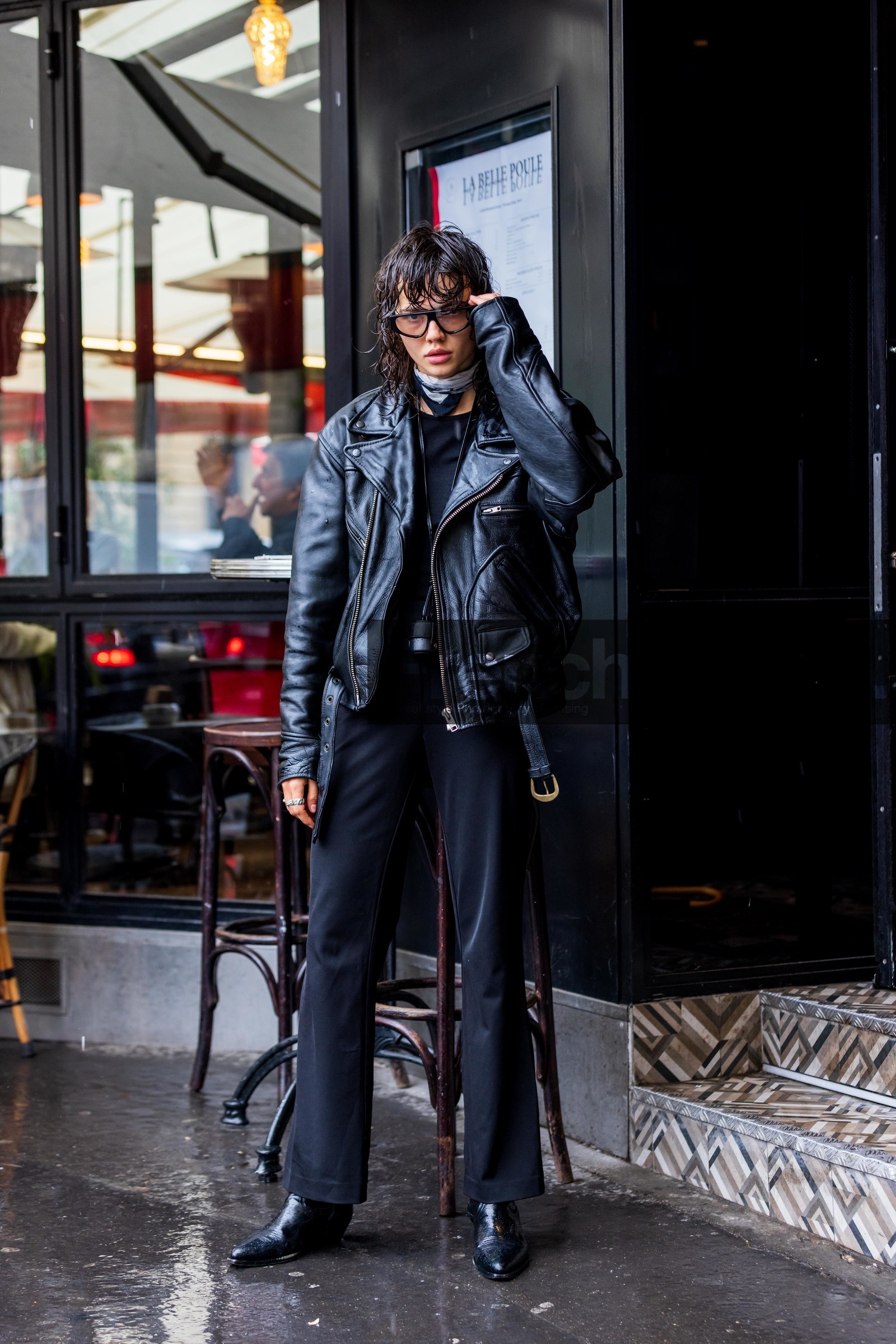 black boots, black monochrome, black pants, black perfecto, black scarf, black t-shirt, boots, flare pants, glasses, jacket, leather boots, leather jacket, pants, perfecto, scarf, t-shirt, white scarf, fashion week, frenchystyle, FW, jonathan paciullo, street style, PFW, PARIS, SPRING SUMMER 2022, SS 22, vertical, full length