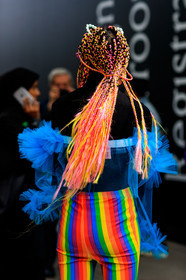 black sweater, braids, dyed hair, graphic pants, multicolor pants, printed pants, rainbow, striped pants, trousers, tulle, fashion week, frenchystyle, FW, jonathan paciullo, street style, LFW, LONDON, SPRING SUMMER 2019, SS 19, vertical, detail, atmosphere details
