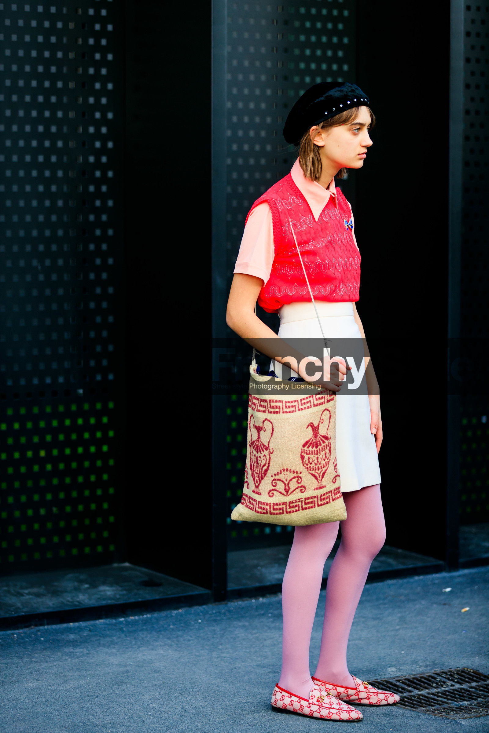 beige bag, beret, black hat, graphic bag, gucci, leather bag, leather shoes, loafers, model, pink, pink sweater, printed bag, red shoes, tights, tote bag, white skirt, fashion week, frenchystyle, FW, jonathan paciullo, street style, MFW, MILAN, AUTUMN WINTER 2019-2020, AW 19-20, FALL WINTER 2019-2020, FW 19-20, vertical, full length