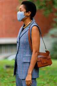 blue jacket, blue suits, blue pants, checked jacket, checked pants, checked suits, sleeveless jacket, golden necklace, shoulder bag, camel leather bag, wandler bag, red jacket, red pants, red suits, covid face mask, tamu mcpherson, street style, jonathan paciullo, FW, frenchystyle, fashion week, MFW, MILAN, SPRING SUMMER 2021, SS 21, vertical, detail