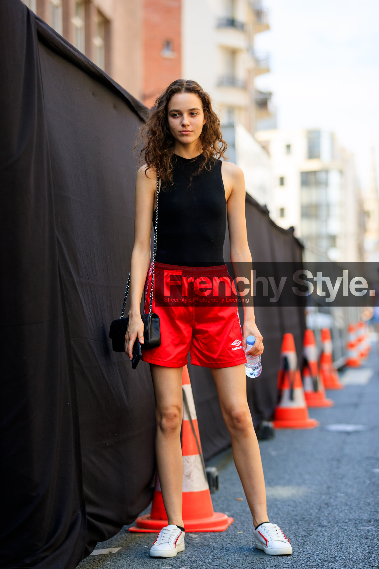 black bag, black tank top, chanel handbag, leather bag, leather shoes, red shorts, white sneakers, fashion week, frenchystyle, FW, jonathan paciullo, street style, PFW, PARIS, vertical, full length, model, AUTUMN WINTER 2018-2019, FALL WINTER 2018-2019, FW 18-19