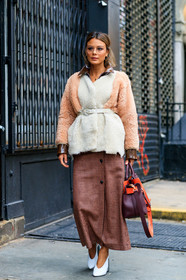 brown skirt, high heels, leather bag, leather shoes, purple bag, shearling, white fur, white jacket, white shoes, frenchystyle, jonathan paciullo, street style, NYFW, NEW YORK, AUTUMN WINTER 2019-2020, AW 19-20, FALL WINTER 2019-2020, FW 19-20, fashion week, FW, vertical, full length