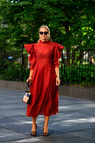 black shoes, bottega veneta, fishnet, graphic bag, high heels, leather bag, leather shoes, multicolor bag, nina suess, printed bag, red dress, see through, stripes, sunglasses, fashion week, frenchystyle, FW, jonathan paciullo, street style, NEW YORK, NYFW, SPRING SUMMER 2020, SS 20, vertical, full length