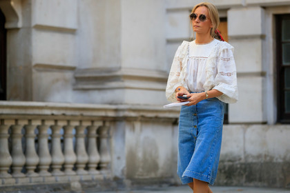 white blouse, lace blouse, ruffle blouse, denim skirt, button skirt, mid long skirt, chloe sunglasses, geometric shape glasses, hermes scarf, fashion week, frenchystyle, FW, jonathan paciullo, street style, atmosphere details, horizontal, detail