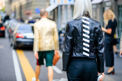 atmosphere details, back detail, black jacket, black pants, detail, dyed hair, fashion week, frenchystyle, FW, geometric, graphic jacket, horizontal, jonathan paciullo, leather jacket, louis vuitton, MFW, MILAN, printed jacket, sarah harris, SPRING SUMMER 2017, SS 17, street style, striped jacket, stripes, trousers