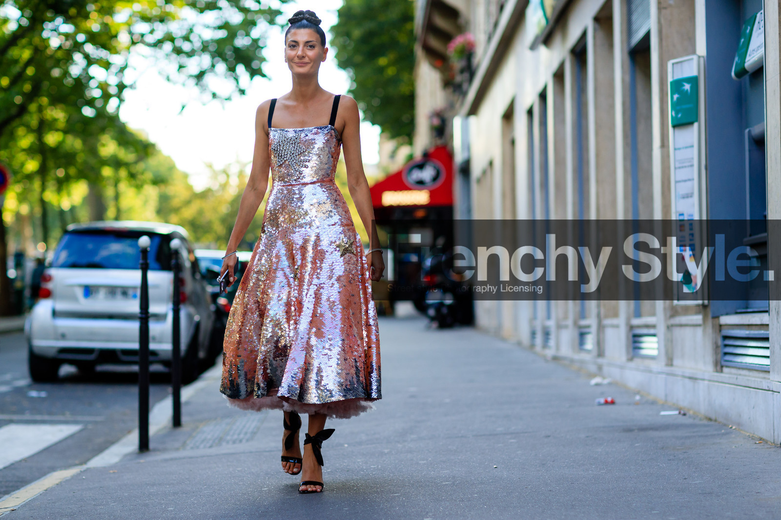 atmosphere details, AUTUMN WINTER 2016-2017, AW 16-17, black sandals, FALL WINTER 2016-2017, fashion week, frenchystyle, full length, FW, FW 16-17, giovanna battaglia, glitter, HAUTE COUTURE, high heels, horizontal, jonathan paciullo, leather shoes, MENSWEAR, PARIS, PFW, pink dress, sequined dress, shiny dress, street style