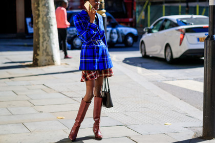 black bag, black shirt, blazer, blue jacket, bordeaux, burgundy, checked, earrings, graphic jacket, graphic skirt, high boots, high heels, leather bag, leather shirt, leather shoes, model, plaid, printed jacket, printed skirt, red boots, red skirt, tartan, fashion week, frenchystyle, FW, jonathan paciullo, street style, LFW, LONDON, SPRING SUMMER 2019, SS 19, atmosphere details, horizontal, detail