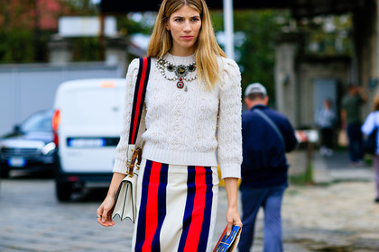 atmosphere details, detail, embroidered sweater, fashion week, frenchystyle, FW, geometric, graphic skirt, gucci, horizontal, jewellery, jonathan paciullo, leather bag, MFW, MILAN, pearls, printed skirt, SPRING SUMMER 2017, SS 17, street style, striped skirt, stripes, veronika heilbrunner, white bag, white sweater