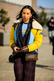 knitted multicolor jumper, puffed jacket, blue tshirt, printed tshirt, plaid pants, brown pants, golden loops, fashion week, frenchystyle, FW, jonathan paciullo, street style, NYFW, NEW YORK, AUTUMN WINTER 2022-2023, FALL WINTER 2022_2023, FW 22-23, vertical, atmosphere details