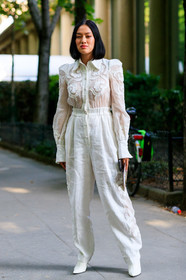 high heels, lace, leather shoes, tone on tone, total look white, trousers, white boots, white jumpsuit, fashion week, frenchystyle, FW, jonathan paciullo, street style, PFW, PARIS, vertical, full length, AUTUMN WINTER 2018-2019, FALL WINTER 2018-2019, FW 18-19, Tiffany Hsu