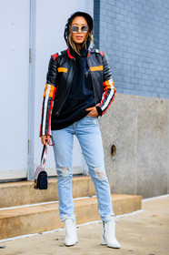 aimee song, AUTUMN WINTER 2017-2018, AW 17-18, biker jacket, black jacket, black sweater, blue denim, denim pants, FALL WINTER 2017-2018, fashion week, frenchystyle, full length, FW, FW 17-18, graphic jacket, high heels, hoodie, jeans, jonathan paciullo, leather bag, leather boots, leather jacket, NEW YORK, NYFW, printed bag, printed jacket, street style, trousers, vertical, white boots