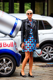 black leather perfecto, rayban sunglasses, roger vivier shoes, polish ballerina, polish shoes, kitten heels shoes, kitten heels ballerina, silvered buckle shoes, light blue leather bag, geometrical printed shirt, geometrical printed skirt, light blue shirt, light blue skirt, polka dots shirt, polka dots skirt, mini skirt, patchwork bag, silk shirt, hand bag, elisa nalin, street style, jonathan paciullo, FW, frenchystyle, fashion week, MFW, MILAN, SPRING SUMMER 2021, SS 21, vertical, full length