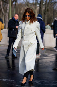 Christine Centenera, white coat, black shoes, black pants, black sunglasses, square shape glasses, balenciaga shoes, high heels shoes, satin shoes, drape shoes, fashion week, frenchystyle, FW, jonathan paciullo, street style, PFW, PARIS, vertical, full length
