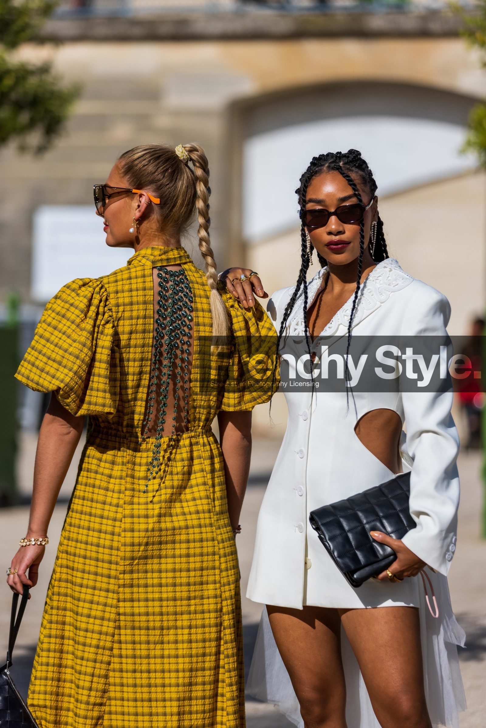 back, back detail, ballon sleeves, black bag, black pouch, black sunglasses, braid, checked dress, cut out dress, dress, embroidery, leather bag, Maria Wos, mini dress, necklace, Petra Henriette, ponytail, print, quilted bag, quilted pouch, sunglasses, white dress, yellow dress, street style, jonathan paciullo, FW, frenchystyle, fashion week, PFW, PARIS, SPRING SUMMER 2022, SS 22, vertical, atmosphere details
