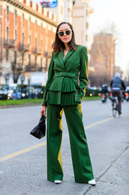 black bag, blazer, green jacket, green pants, green suit, leather bag, leather shoes, pleats, sunglasses, trousers, fashion week, frenchystyle, FW, jonathan paciullo, street style, MFW, MILAN, AUTUMN WINTER 2018-2019, FALL WINTER 2018-2019, FW 18-19, vertical, full length, Chriselle Lim