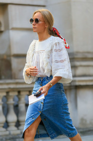 white blouse, lace blouse, ruffle blouse, denim skirt, button skirt, mid long skirt, chloe sunglasses, geometric shape glasses, hermes scarf, fashion week, frenchystyle, FW, jonathan paciullo, street style, vertical, detail, atmosphere details