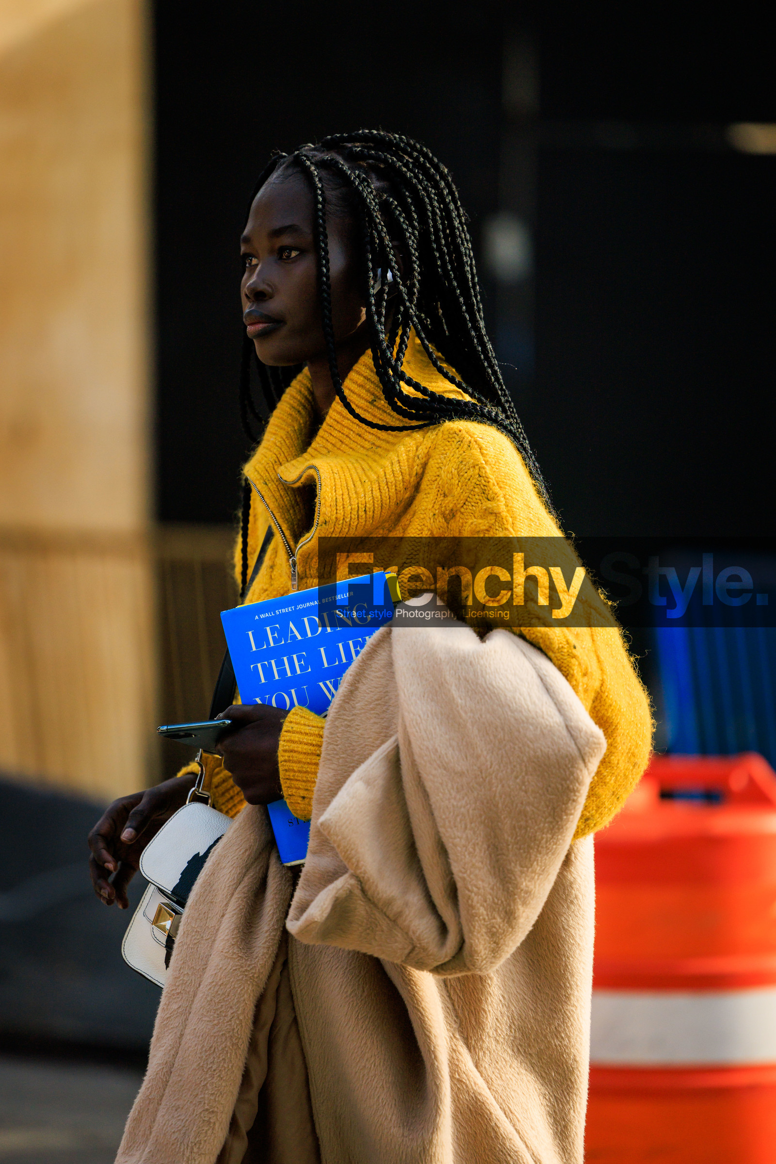 books, yellow sweater, long braids, beige coat, fashion week, frenchystyle, FW, jonathan paciullo, street style, NYFW, NEW YORK, AUTUMN WINTER 2022-2023, FALL WINTER 2022_2023, FW 22-23, vertical, atmosphere details, model