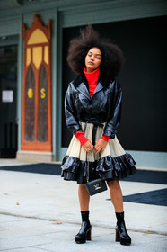 sharon alexie, black leather bag, black leather boots, black leather jacket, black leather skirt, nude skirt, ruffle skirt, low boots, tulle skirt, fur coat, fur collar coat, laced coat, red pullover, turtleneck pullover, louis vuitton bag, louis vuitton coat, louis vuitton skirt, louis vuitton boots, louis vuitton total look, PARIS, PFW, fashion week, frenchystyle, FW, jonathan paciullo, street style, SPRING SUMMER 2021, SS 21, vertical, full length