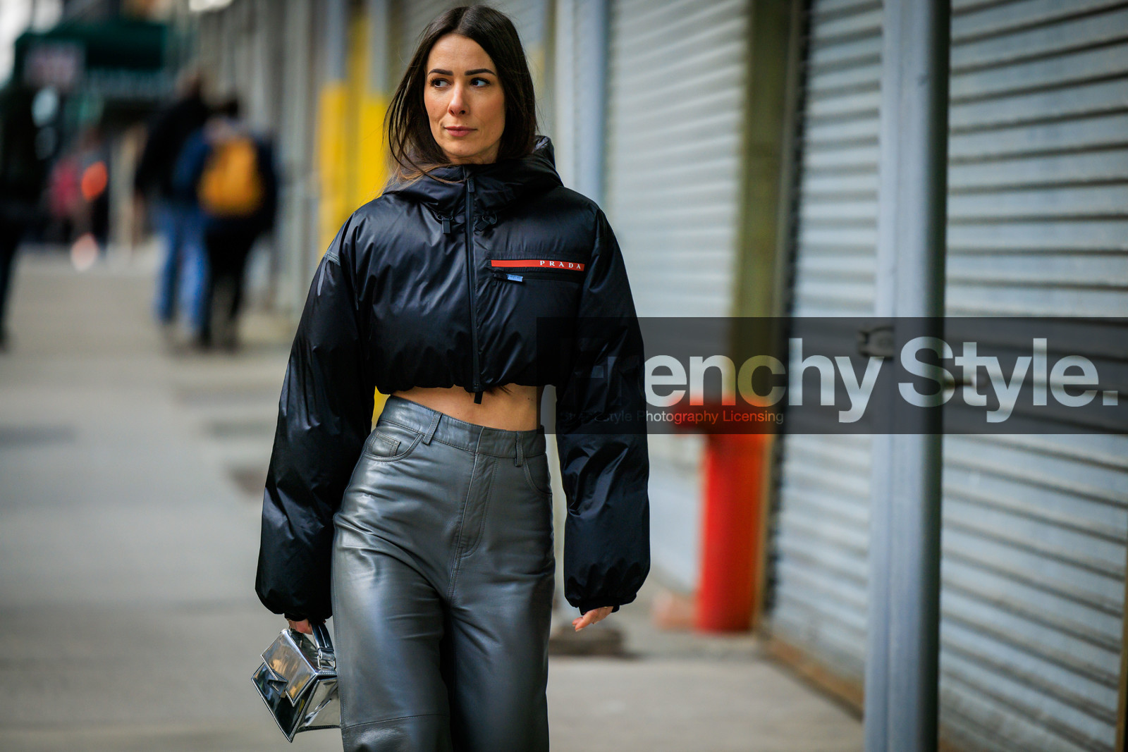grey leather wideleg pants, black prada linea rosa bomber jacket, transparent handbag, transparent acnestudios handbag, alice barbier, fashion week, frenchystyle, FW, jonathan paciullo, street style, NYFW, NEW YORK, AUTUMN WINTER 2022-2023, FALL WINTER 2022_2023, FW 22-23, atmosphere details, horizontal