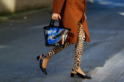 animal print, black bag, black shoes, brown coat, camille charriere, graphic pants, leather bag, leather shoes, leggings, leopard, prada, printed pants, transparent bag, trousers, fashion week, frenchystyle, FW, jonathan paciullo, street style, PFW, PARIS, AUTUMN WINTER 2019-2020, AW 19-20, FALL WINTER 2019-2020, FW 19-20, horizontal, atmosphere details, detail