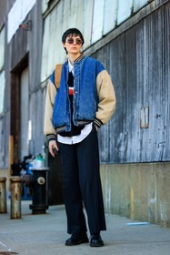 baseball jacket, denim jacket, black sunglasses, white shirt, black underneath, black derbies, leather derbies, street style, jonathan paciullo, FW, frenchystyle, fashion week, NYFW, NEW YORK, AUTUMN WINTER 2022-2023, FALL WINTER 2022_2023, FW 22-23, vertical, full length