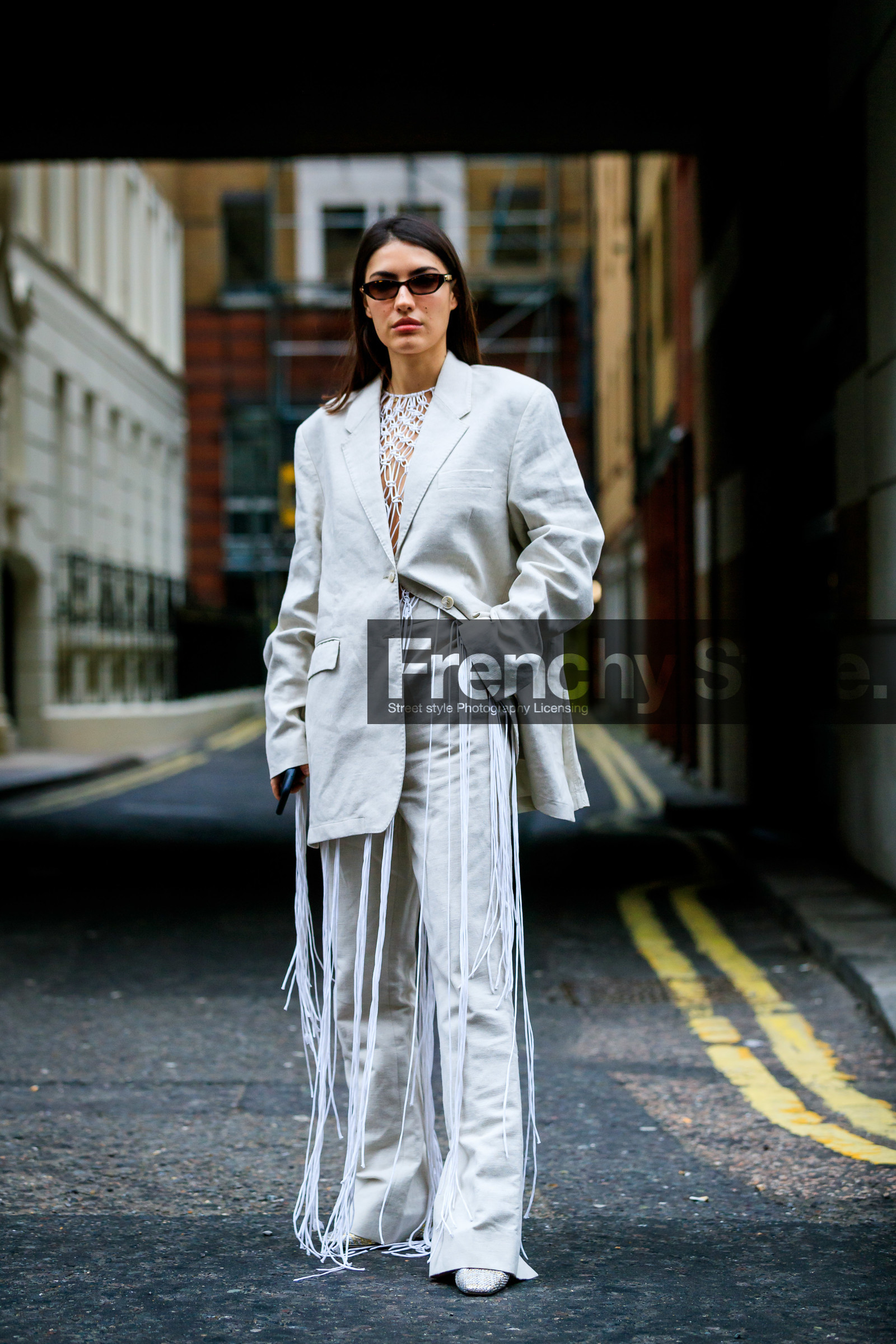 blazer, fringes, grey jacket, grey pants, grey suit, patricia contreras, patricia manfield, sunglasses, trousers, white top, street style, jonathan paciullo, FW, frenchystyle, fashion week, LFW, LONDON, AUTUMN WINTER 2019-2020, AW 19-20, FW 19-20, FALL WINTER 2019-2020, vertical, full length