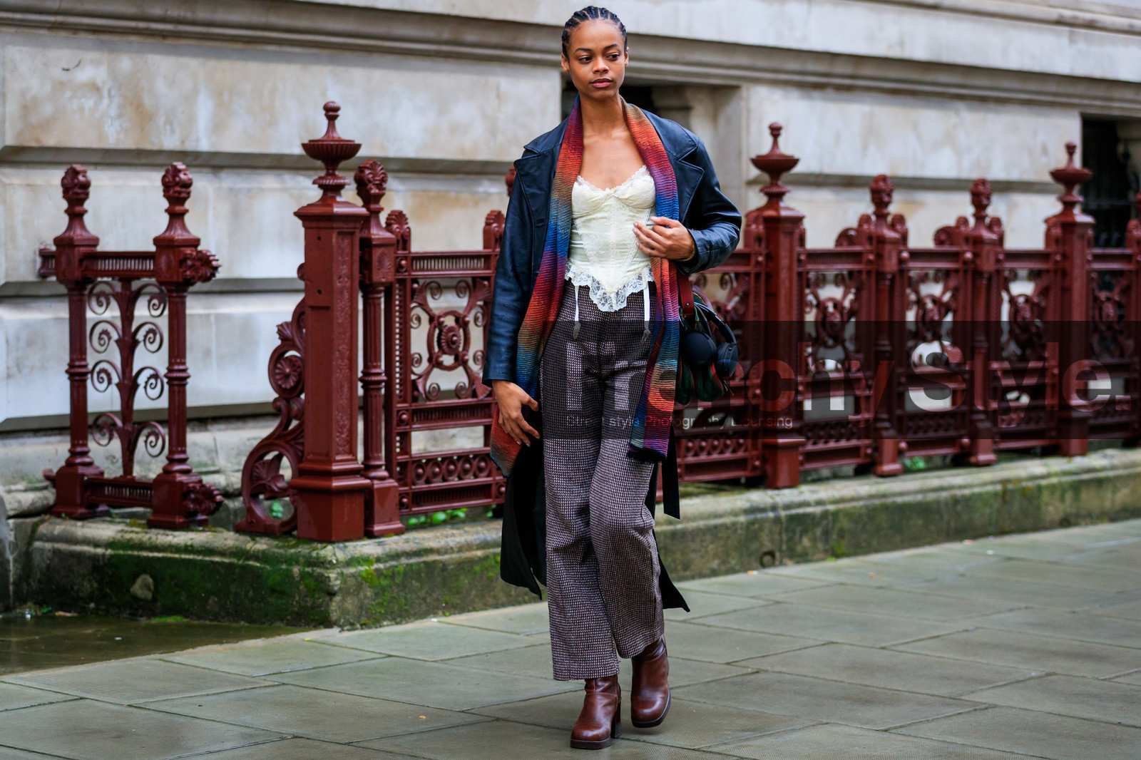 model, white bra, corset top, lace bra, lace top, black leather jacket, multicolor scarf, rainbow scarf, checked pants, brown pants, fashion week, frenchystyle, FW, jonathan paciullo, street style, LFW, LONDON, AUTUMN WINTER 2020-2021, FALL WINTER 2020-2021, FW 20-21, horizontal, atmosphere details, full length