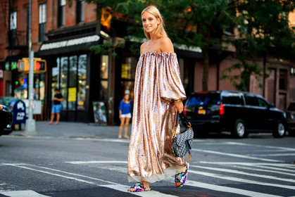 blue bag, Charlotte Groeneveld, christian dior, glitter, graphic bag, leather bag, leather shoes, long dress, monogram, multicolor shoes, off the shoulder, pink dress, printed bag, saddle bag, sequined dress, fashion week, frenchystyle, FW, jonathan paciullo, street style, NYFW, NEW YORK, SPRING SUMMER 2019, SS 19, atmosphere details, horizontal, full length