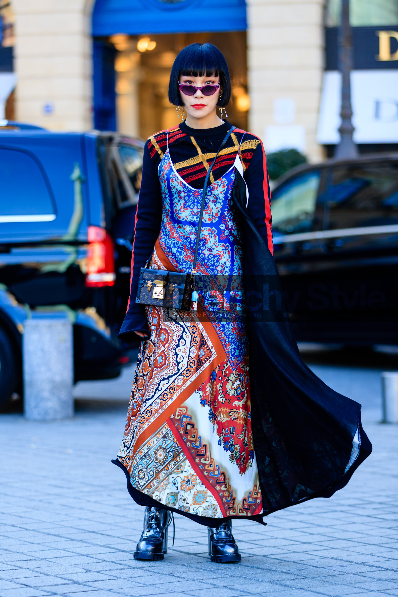 black sweater, brown bag, fashion week, frenchystyle, full length, FW, high heels, jonathan paciullo, leather bag, leather shoes, louis vuitton, mademoiselle yulia, monogram, multicolor dress, PARIS, PFW, printed bag, printed dress, printed sweater, shiny boots, silver shoes, SPRING SUMMER 2017, SS 17, street style, striped sweater, sunglasses, vertical