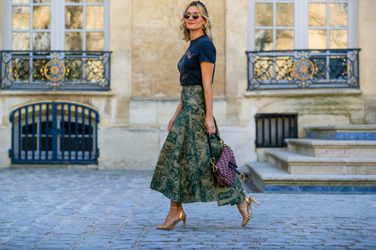 adenorah, black t shirt, christian dior, golden shoes, graphic bag, graphic skirt, green skirt, leather bag, leather shoes, monogram, printed bag, printed skirt, printed t shirt, red bag, saddle bag, sunglasses, fashion week, frenchystyle, FW, jonathan paciullo, street style, PFW, PARIS, AUTUMN WINTER 2019-2020, AW 19-20, FALL WINTER 2019-2020, FW 19-20, horizontal, atmosphere details, full length