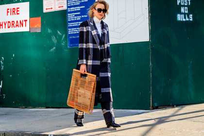 black coat, black pants, black shoes, checked, checked coat, checked pants, graphic bag, graphic jacket, graphic pants, high heels, leather shoes, plaid, printed jacket, printed pants, sunglasses, tartan, trousers, wood bag, street style, jonathan paciullo, FW, frenchystyle, fashion week, NYFW, NEW YORK, AUTUMN WINTER 2018-2019, AW 18-19, FALL WINTER 2018-2019, FW 18-19, atmosphere details, horizontal, full length, Rebecca Laurey