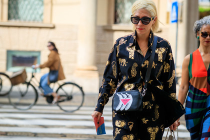 black shirt, black pants, animal print shirt, animal print pants, golden print shirt, golden print pants, prada bag, crossbody bag, black leather bag, printed bag, black sunglasses, fashion week, frenchystyle, FW, jonathan paciullo, street style, MFW, MILAN, SPRING SUMMER 2020, SS 20