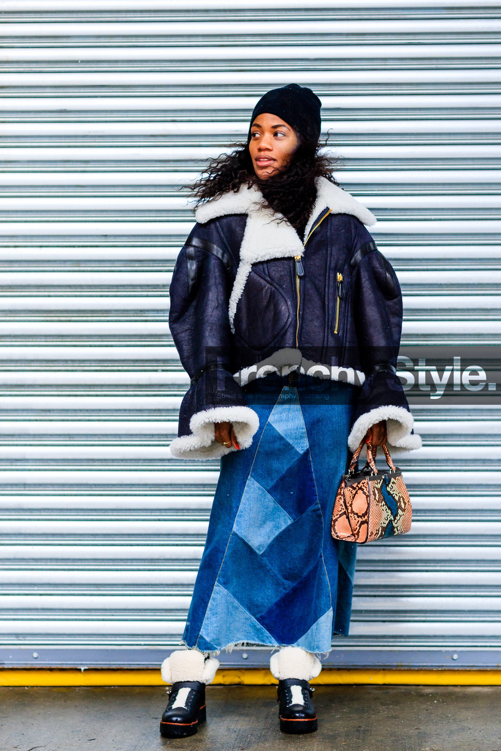 AUTUMN WINTER 2017-2018, AW 17-18, beige bag, black beanie, black boots, black jacket, blue denim, denim skirt, FALL WINTER 2017-2018, fashion week, fendi, frenchystyle, full length, fur collar, FW, FW 17-18, gabby prescod, jonathan paciullo, leather bag, leather boots, leather jacket, NEW YORK, NYFW, patchwork, shearling, snake print, street style, vertical, white fur