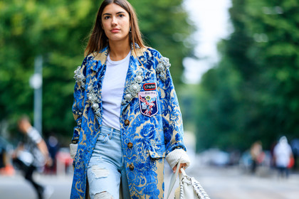 atmosphere details, blue coat, blue denim, brocard, brooch, denim pants, detail, embroidered coat, fashion week, frenchystyle, FW, horizontal, jeans, jonathan paciullo, leather bag, MFW, MILAN, miu miu, overcoat, patricia manfield, pearls, printed coat, ripped pants, SPRING SUMMER 2017, SS 17, street style, trousers, white bag, white t shirt