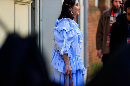 blue dress, earrings, graphic dress, hair clip, printed dress, ruffles, stripes, street style, jonathan paciullo, FW, frenchystyle, fashion week, LFW, LONDON, AUTUMN WINTER 2019-2020, AW 19-20, FW 19-20, FALL WINTER 2019-2020, horizontal, atmosphere details, detail