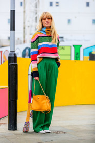 graphic sweater, green pants, jeanette madsen, leather bag, leather shoes, multicolor sweater, printed scarf, printed sweater, striped sweater, sunglasses, trousers, white shoes, yellow bag, street style, jonathan paciullo, FW, frenchystyle, fashion week, LFW, LONDON, AUTUMN WINTER 2019-2020, AW 19-20, FW 19-20, FALL WINTER 2019-2020, vertical, full length