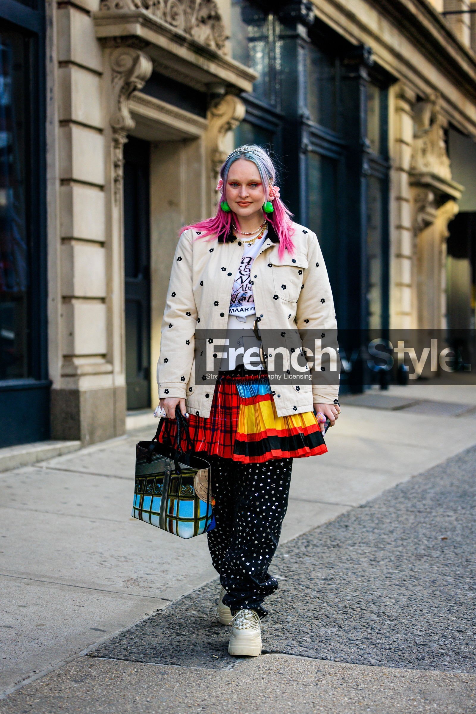green baby earrings, printed white and black flowers jacket, pink piggy tails, manga cabas bag, multicolor pleated skirt, kristen bateman, fashion week, frenchystyle, FW, jonathan paciullo, street style, NYFW, NEW YORK, AUTUMN WINTER 2022-2023, FALL WINTER 2022_2023, FW 22-23, vertical, full length
