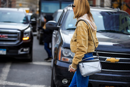 atmosphere details, AUTUMN WINTER 2016-2017, AW 16-17, beige jacket, blue denim, denim pants, detail, fashion week, frenchystyle, FW, FW 16-17, hood, horizontal, jeans, jonathan paciullo, leather bag, leather jacket, loewe, metallic bag, NEW YORK, NYFW, pernille teisbaek, silver bag, street style, suede jacket, sunglasses, trousers, woman