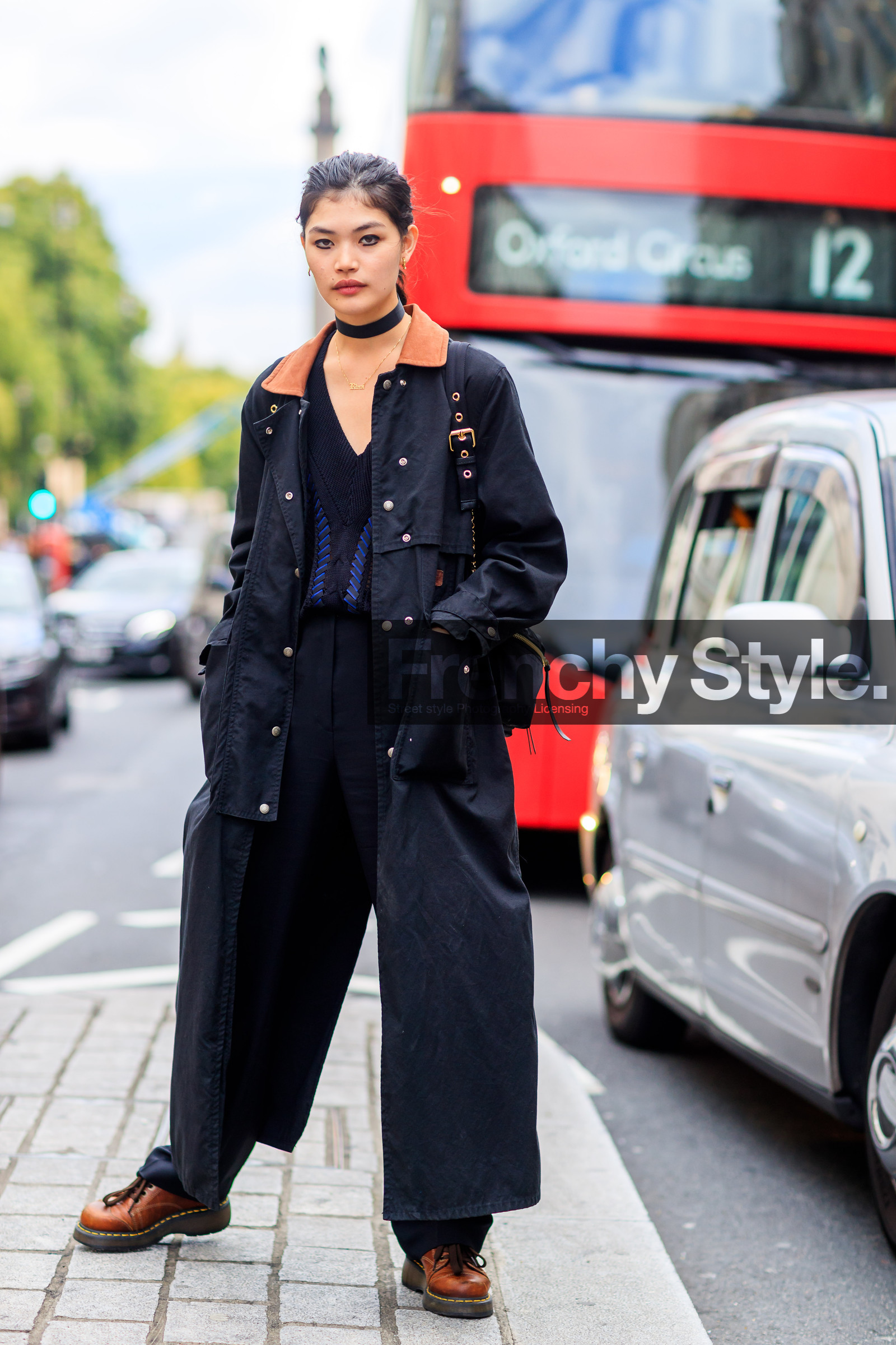 black jacket, black pants, black sweater, blazer, brown boots, choker, dr martens, eyeliner, fashion week, frenchystyle, full length, FW, jonathan paciullo, leather shoes, LFW, LONDON, model, necklace, pulled back hair, rina fukushi, SPRING SUMMER 2018, SS 18, street style, trousers, vertical